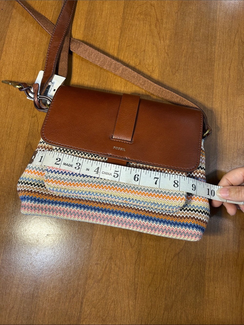 Fossil Kinley Tan Leather Flap Crossbody with Multicolor Knit Body - Picture 11 of 12